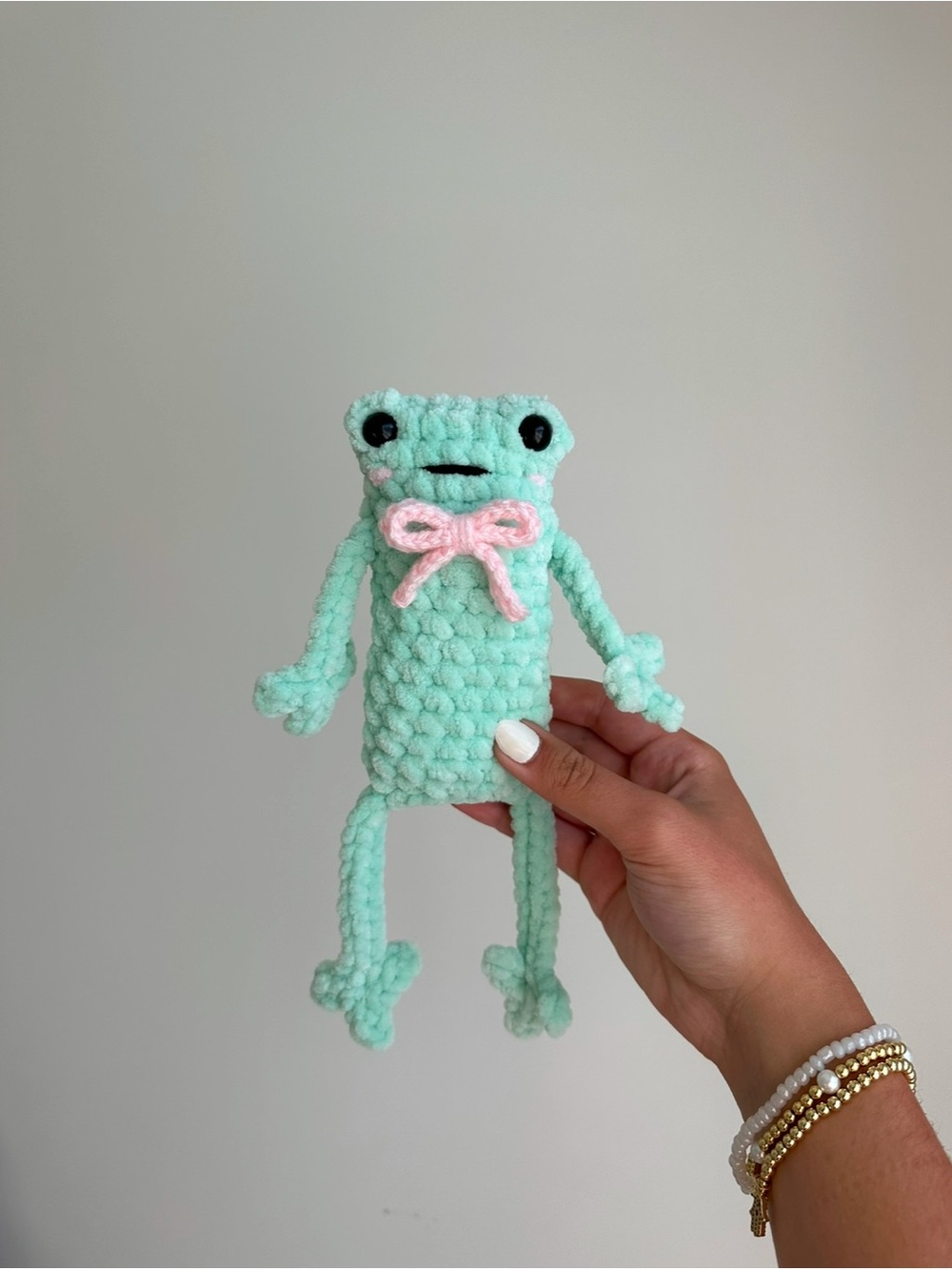 Handmade Mint Green Crochet Frog Plush with Pink Bow